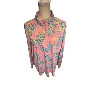Stella Parker Womens Long Sleeve Active Top Pink Pineapple Half Zip  XL